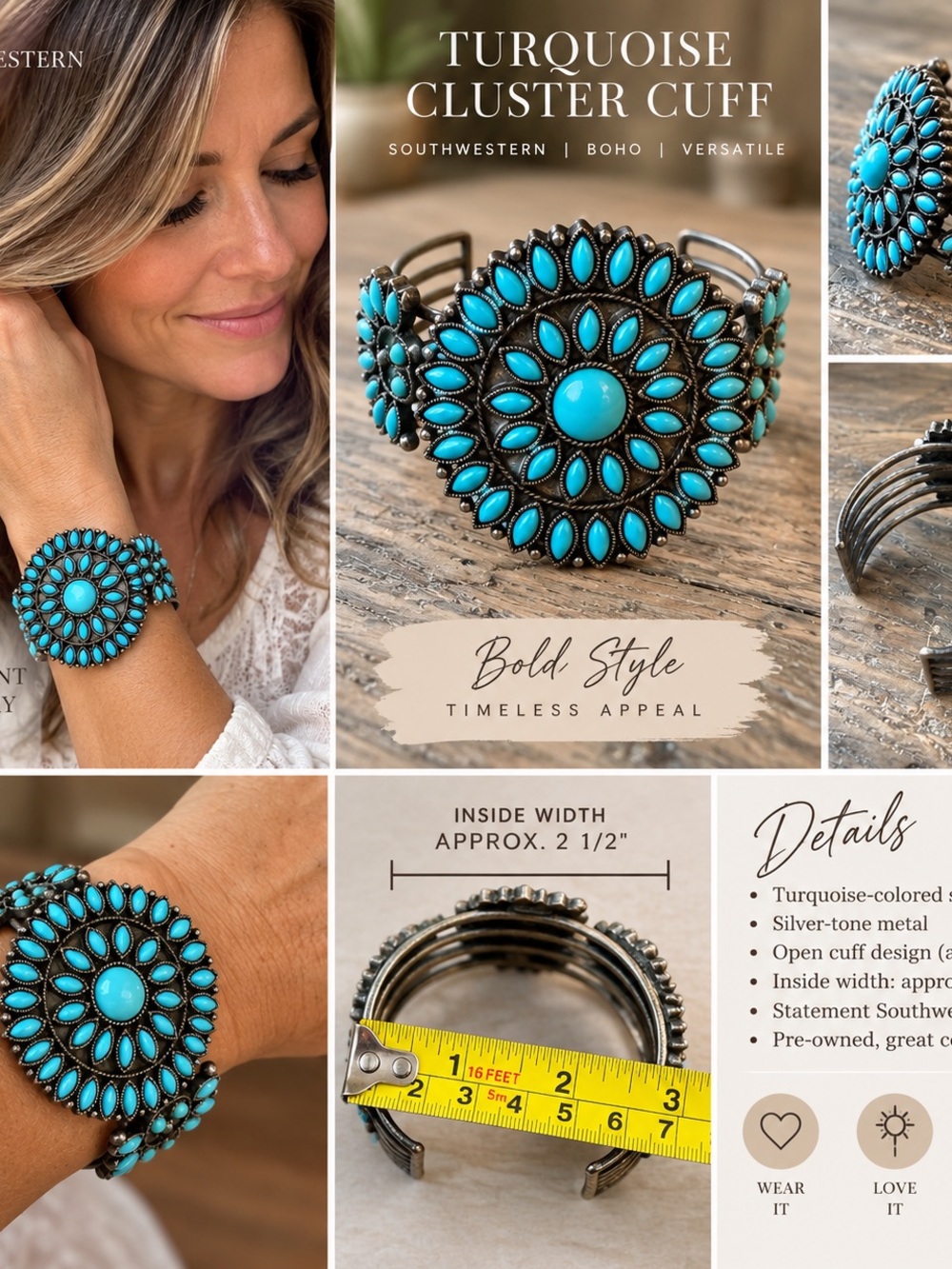 Turquoise Cluster Cuff Bracelet - Turquoise -